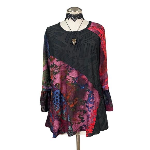 Y2K Caleaas Whimsygoth Dark Fairy Boho Hippie Patchwork Embroidered Blouse - Picture 1 of 8